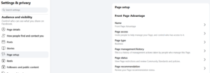 page access menu in Facebook